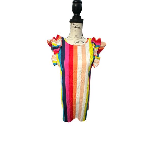 SHEIN VCAY Multicolor Rainbow Stripe Ruffle Sleeve Dress – Size M – NWT - Picture 1 of 11
